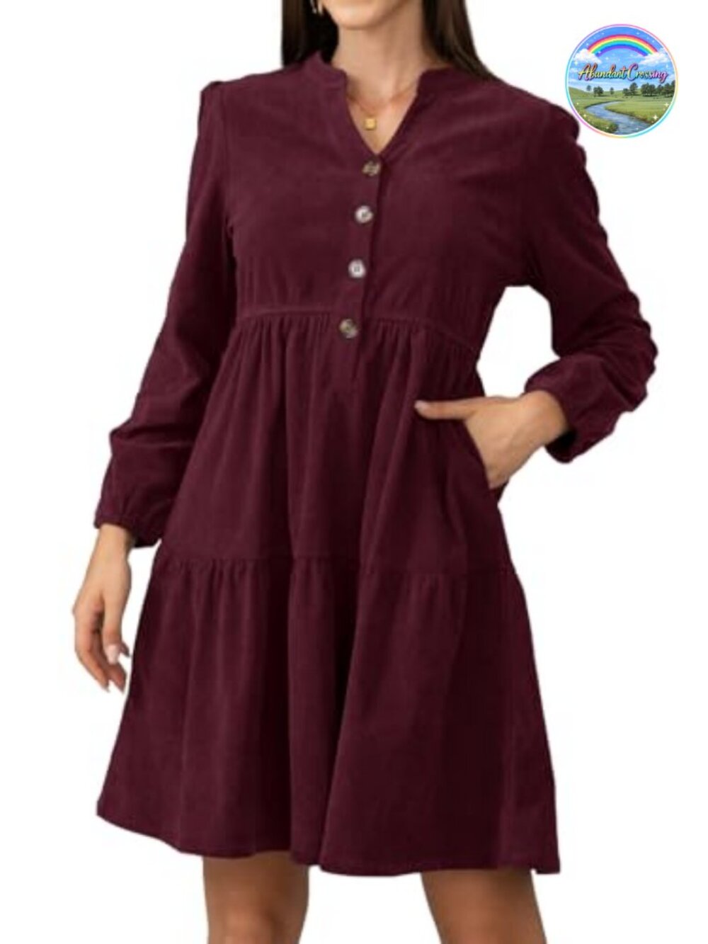 Women's Corduroy Long Sleeve V-Neck Fit & Flare Work Dress with Pockets